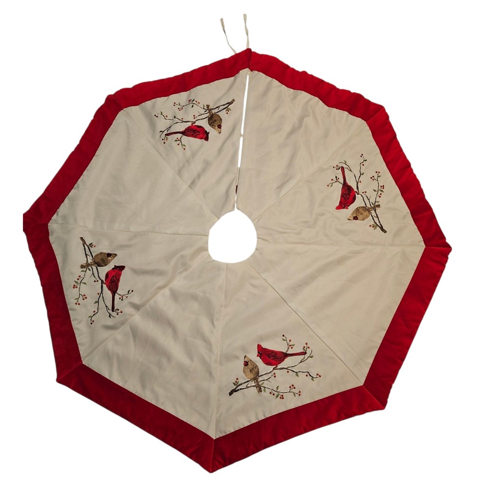 Winter Dreams Christmas Tree Skirt Beige‎ Red Cardinal Bird Embroidered Holiday